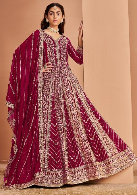 Maroon Embroidered Georgette Anarkali Set With Dupatta