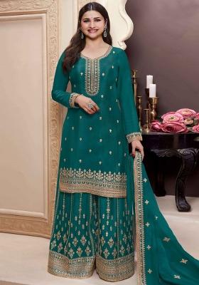 Teal Green Embroidered Art Silk Sharara Set With Dupatta