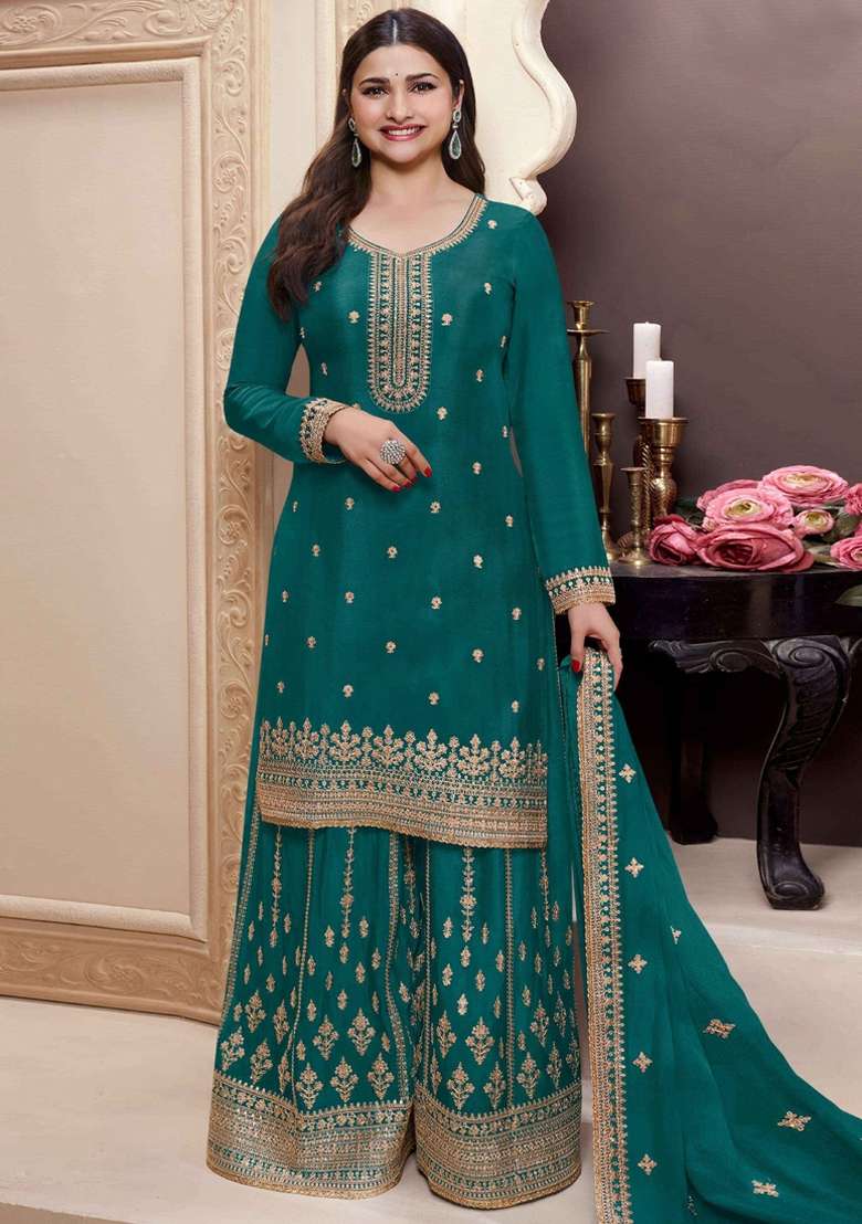 Teal Green Embroidered Silk Sharara Set - Indya