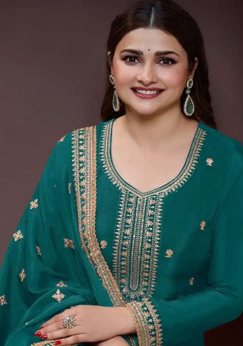 Teal Green Embroidered Silk Sharara Set - Indya