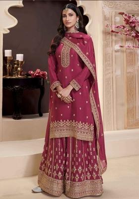 Maroon Embroidered Art Silk Sharara Set With Dupatta