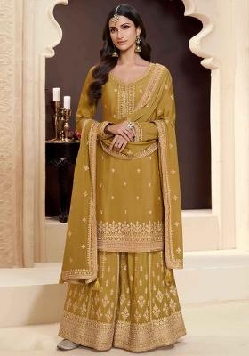 Yellow Embroidered Art Silk Sharara Set With Dupatta