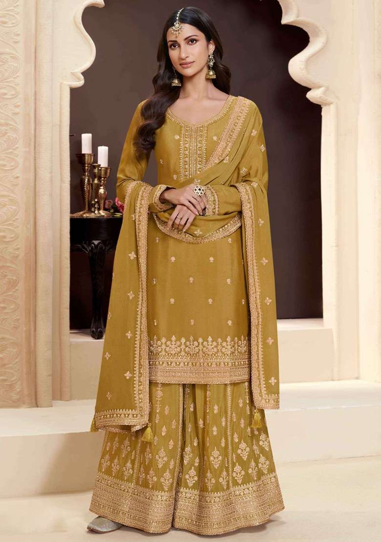 Yellow Embroidered Silk Sharara Set - Indya