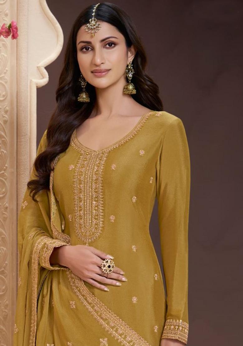 Yellow Embroidered Art Silk Sharara Set With Dupatta