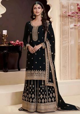 Black Embroidered Art Silk Sharara Set With Dupatta