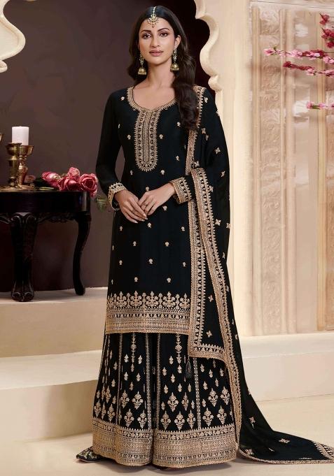 Black Embroidered Art Silk Sharara Set With Dupatta