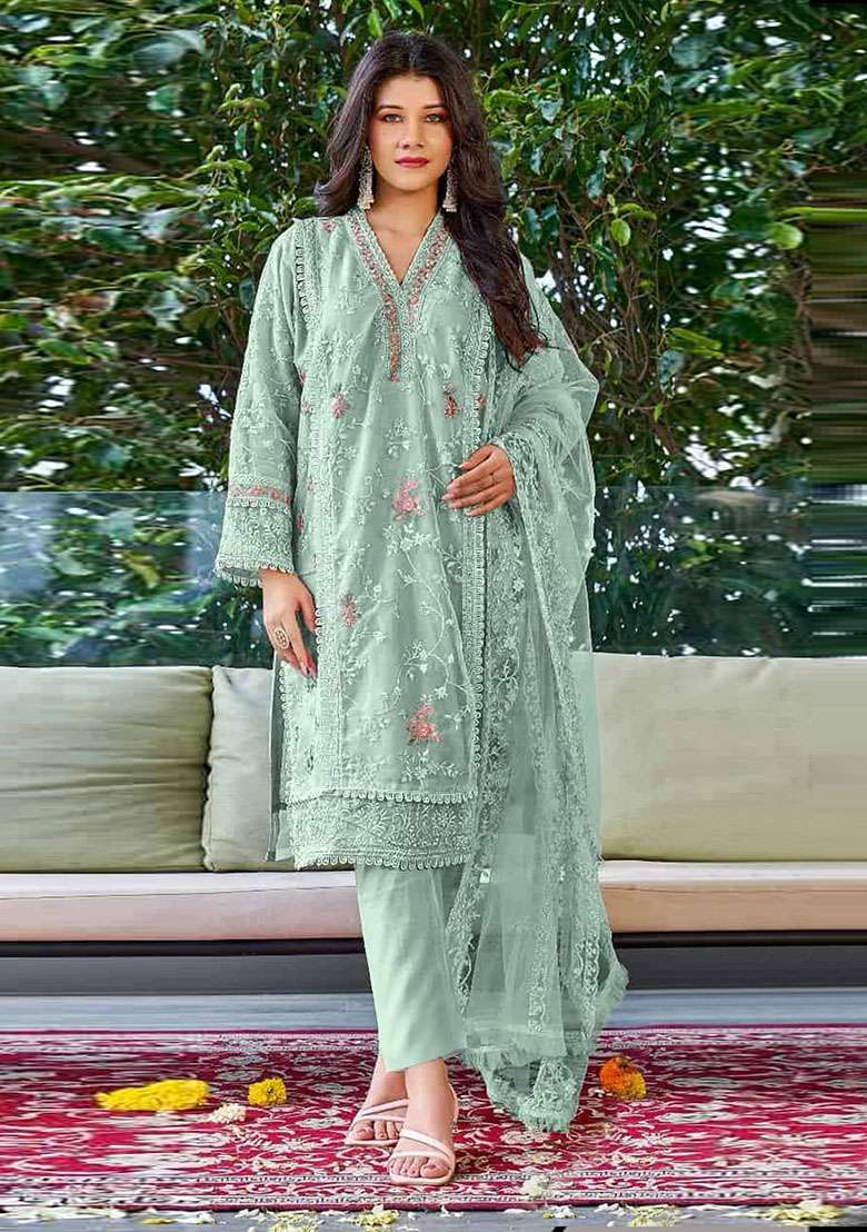 Light Green Embroidererd Organza Salwar Kameez With Dupatta - Indya