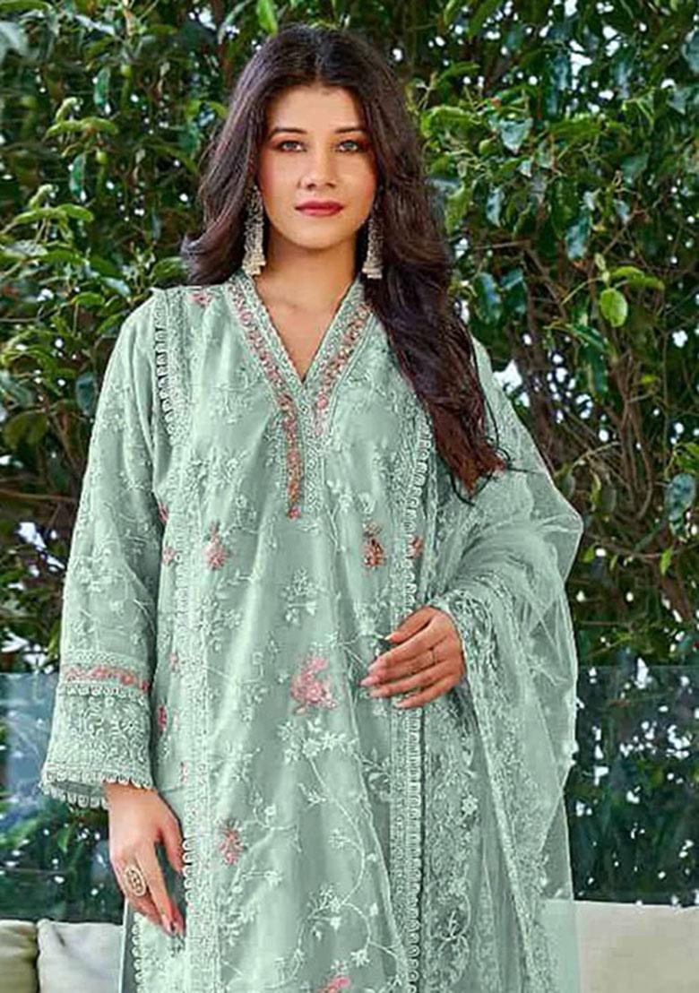Light Green Embroidererd Organza Salwar Kameez With Dupatta