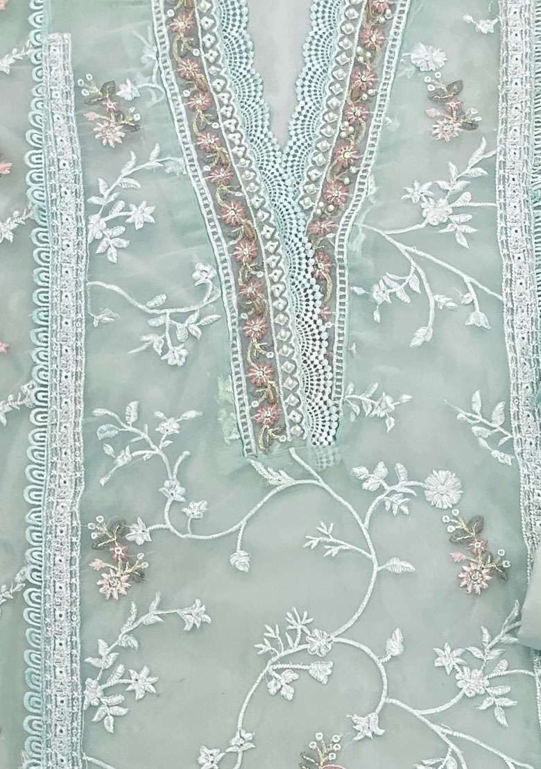 Light Green Embroidererd Organza Salwar Kameez With Dupatta - Indya