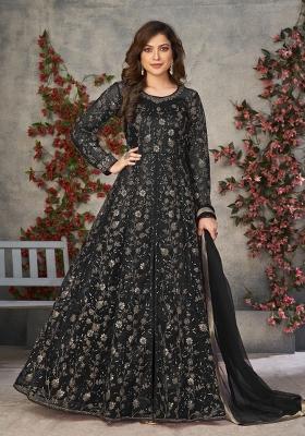 Black Embroidererd Net Anarkali Set With Dupatta