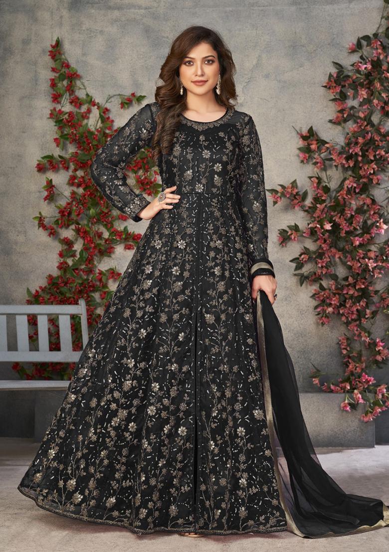 Black Embroidererd Net Anarkali Set With Dupatta