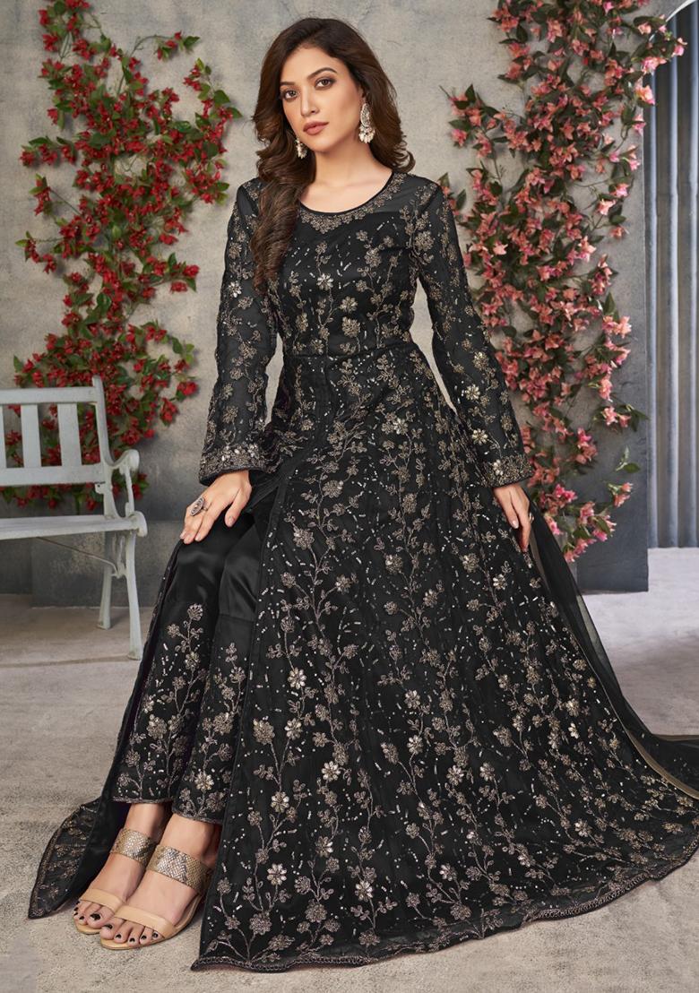 Black Embroidererd Net Anarkali Set With Dupatta