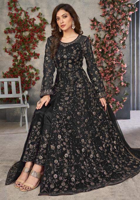 Black Embroidererd Net Anarkali Set With Dupatta