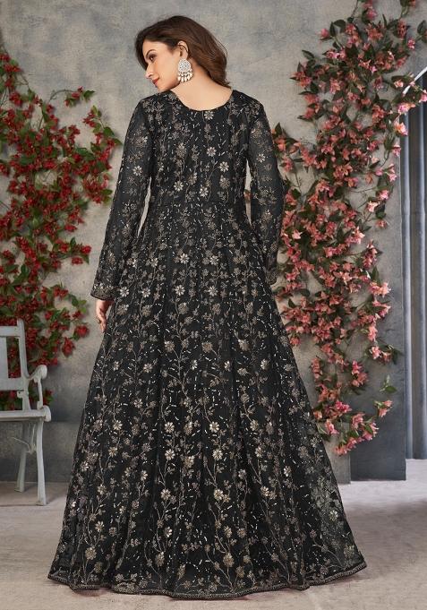Black Embroidererd Net Anarkali Set With Dupatta
