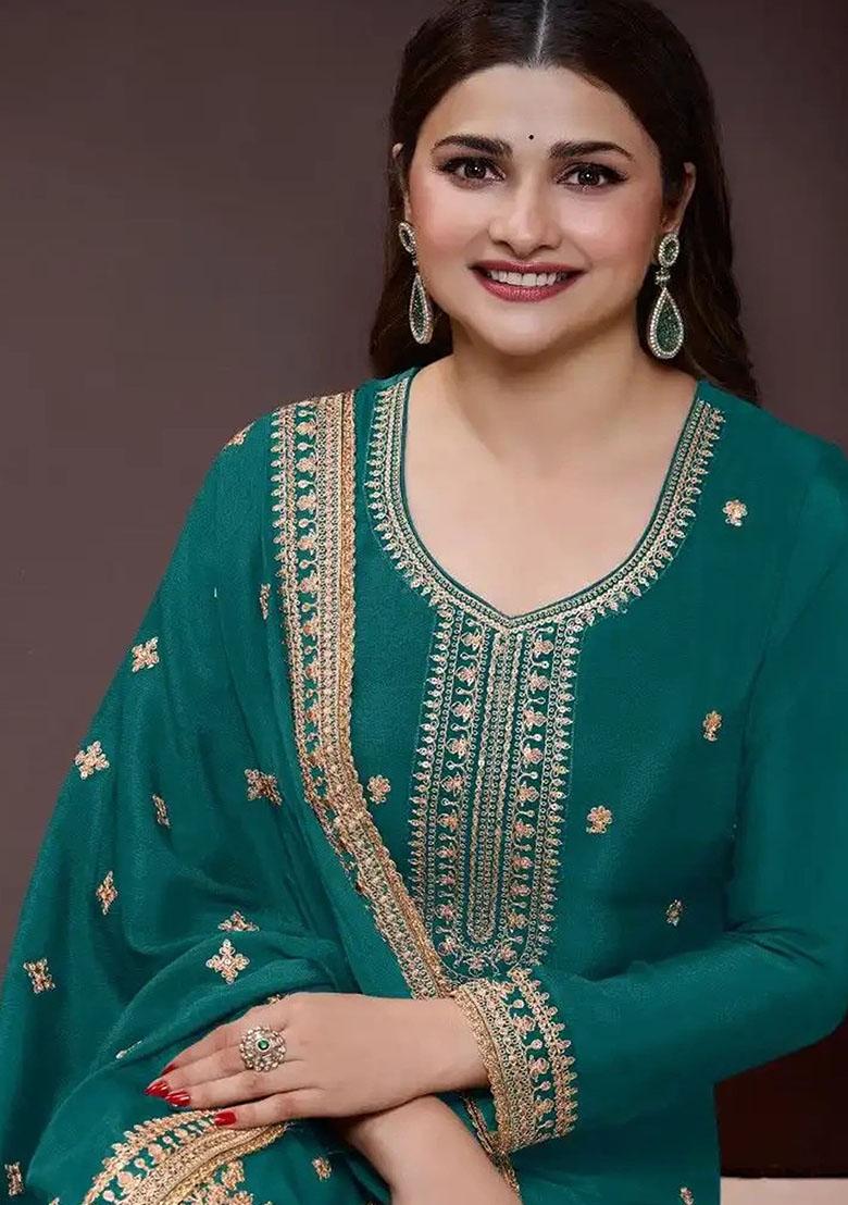 Teal Blue Embroidererd Silk Salwar Kameez With Dupatta