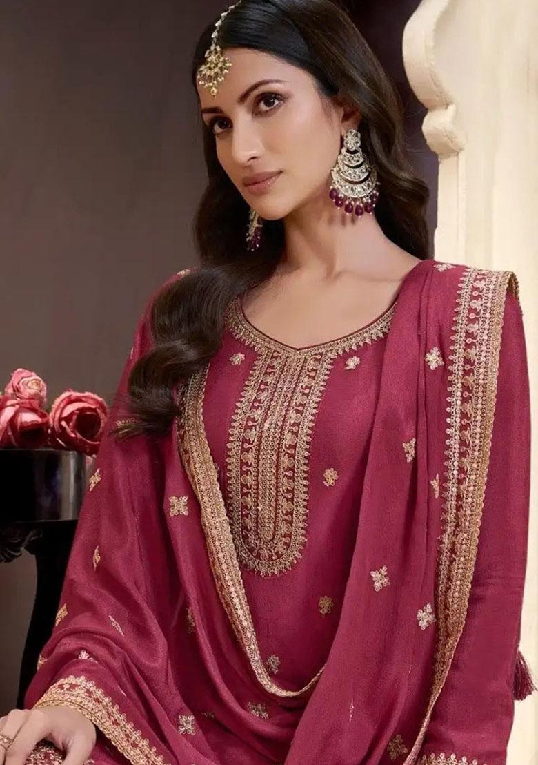 Dark Maroon Embroidererd Silk Salwar Kameez With Dupatta