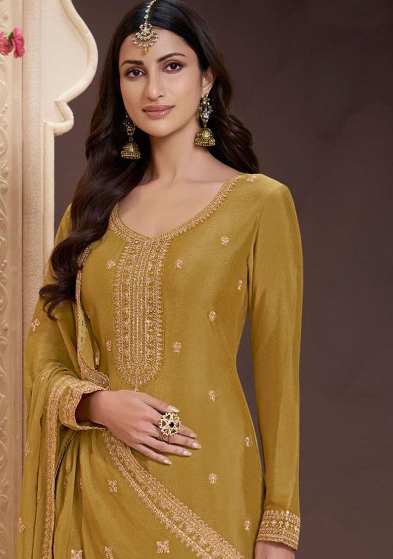 Yellow Embroidererd Silk Salwar Kameez With Dupatta