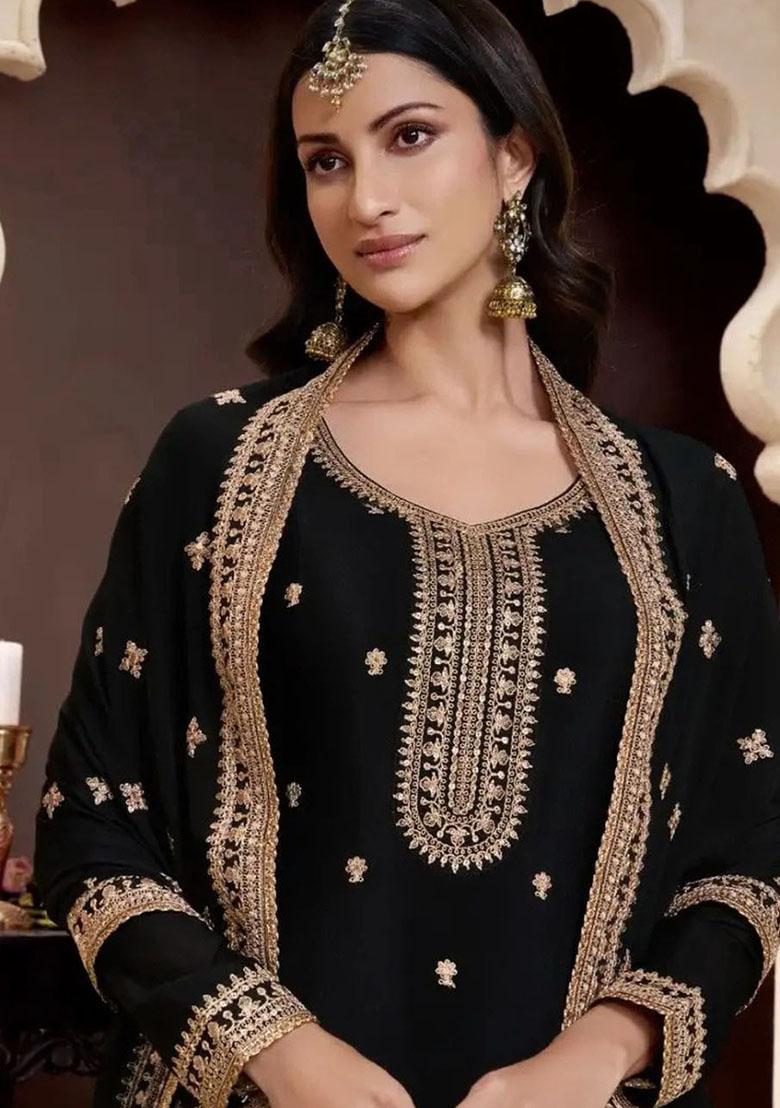 Black Embroidererd Silk Salwar Kameez With Dupatta