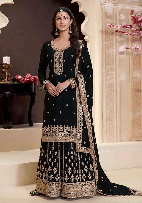 Black Embroidererd Silk Salwar Kameez With Dupatta