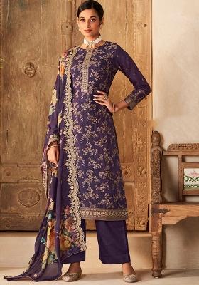 Purple Embroidererd Viscose Dola Silk Salwar Kameez With Dupatta