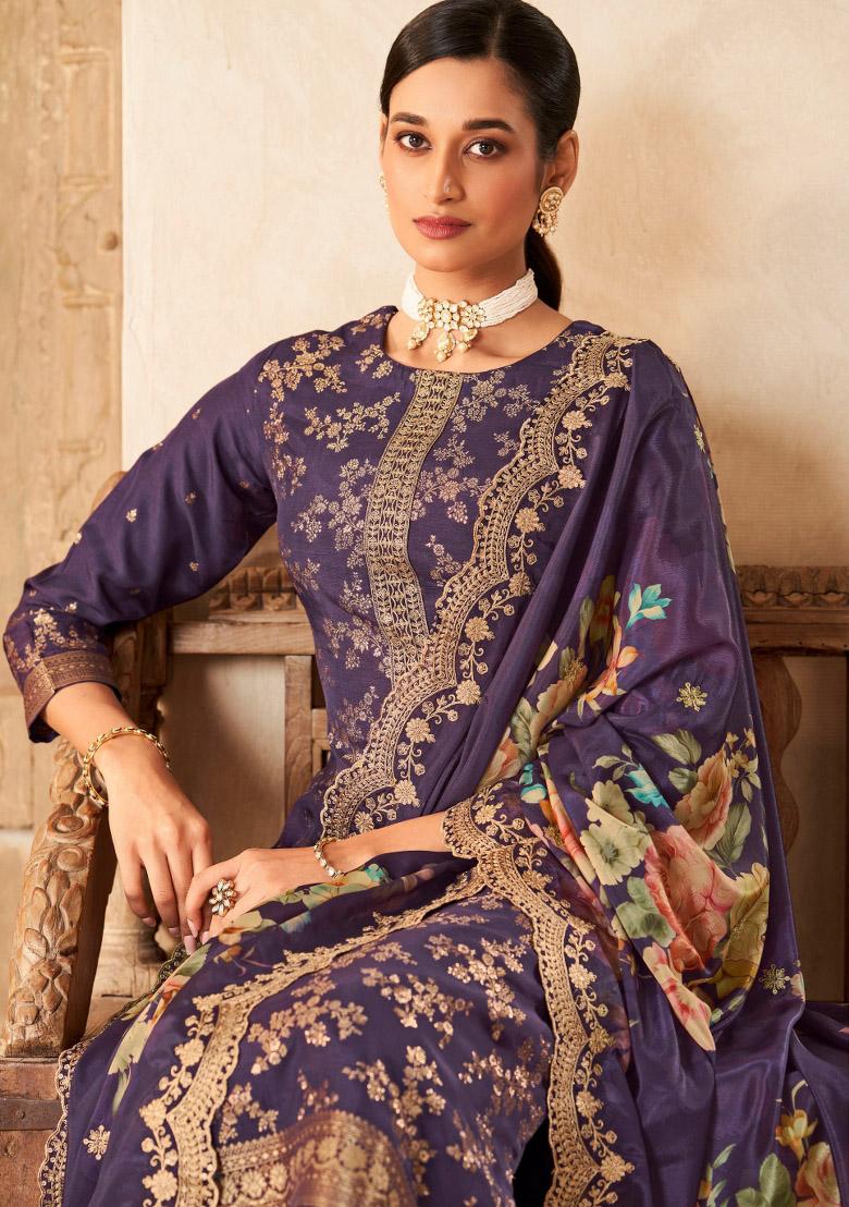 Purple Embroidererd Viscose Dola Silk Salwar Kameez With Dupatta