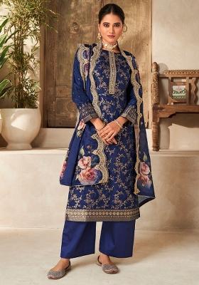 Blue Embroidererd Viscose Dola Silk Salwar Kameez With Dupatta