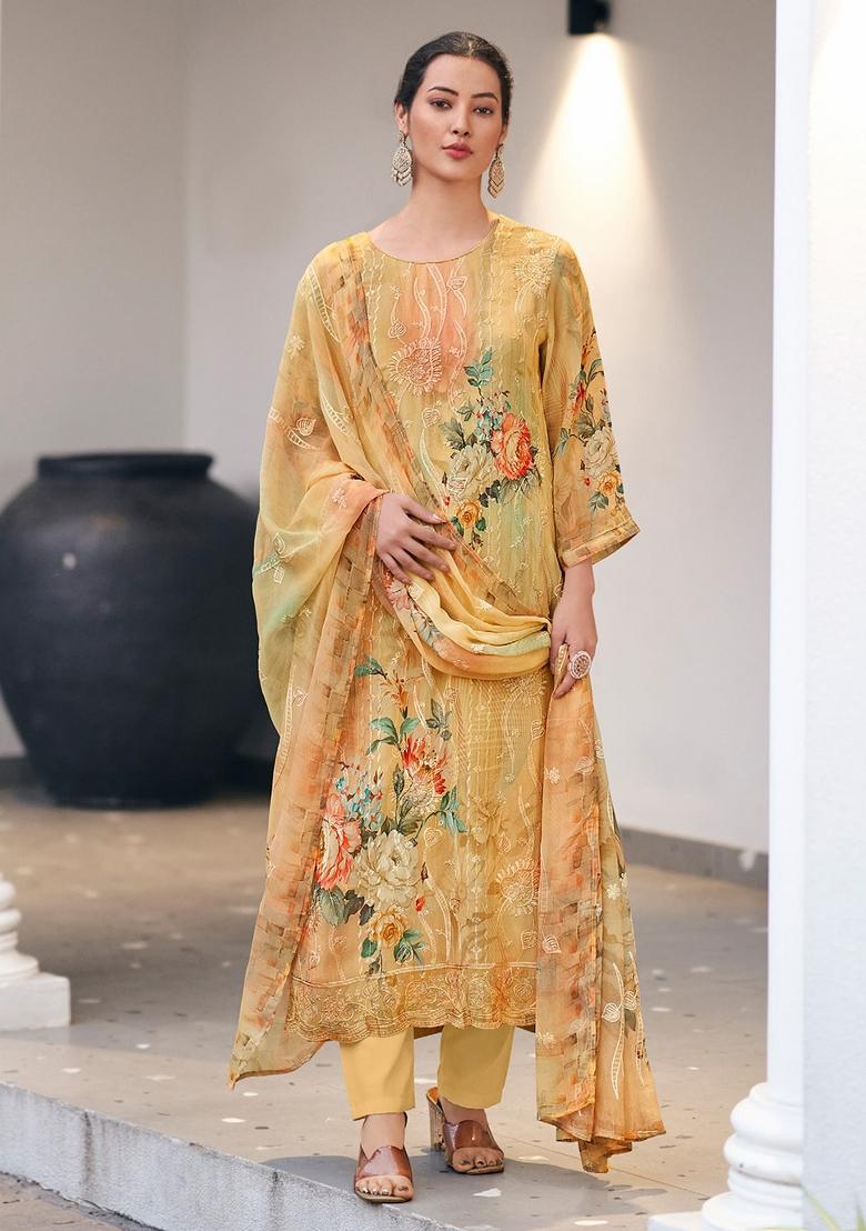 Mustard Yellow Embroidererd Georgette Salwar Kameez With Dupatta