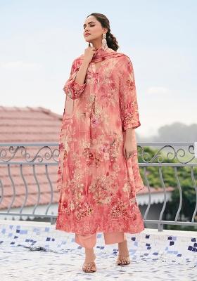 Salmon Orange Embroidererd Georgette Salwar Kameez With Dupatta