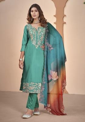 Sea Green Embroidererd Muslin Salwar Kameez With Dupatta