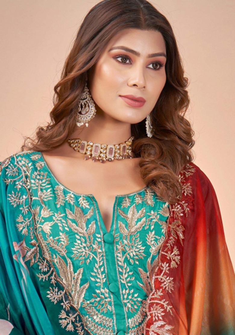 Sea Green Embroidererd Muslin Salwar Kameez With Dupatta