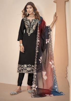 Black Embroidererd Muslin Salwar Kameez With Dupatta
