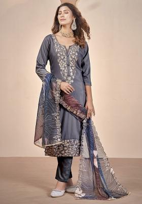 Grey Embroidererd Muslin Salwar Kameez With Dupatta