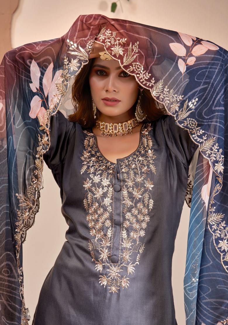 Grey Embroidererd Muslin Salwar Kameez With Dupatta