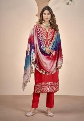 Red Embroidererd Muslin Salwar Kameez With Dupatta