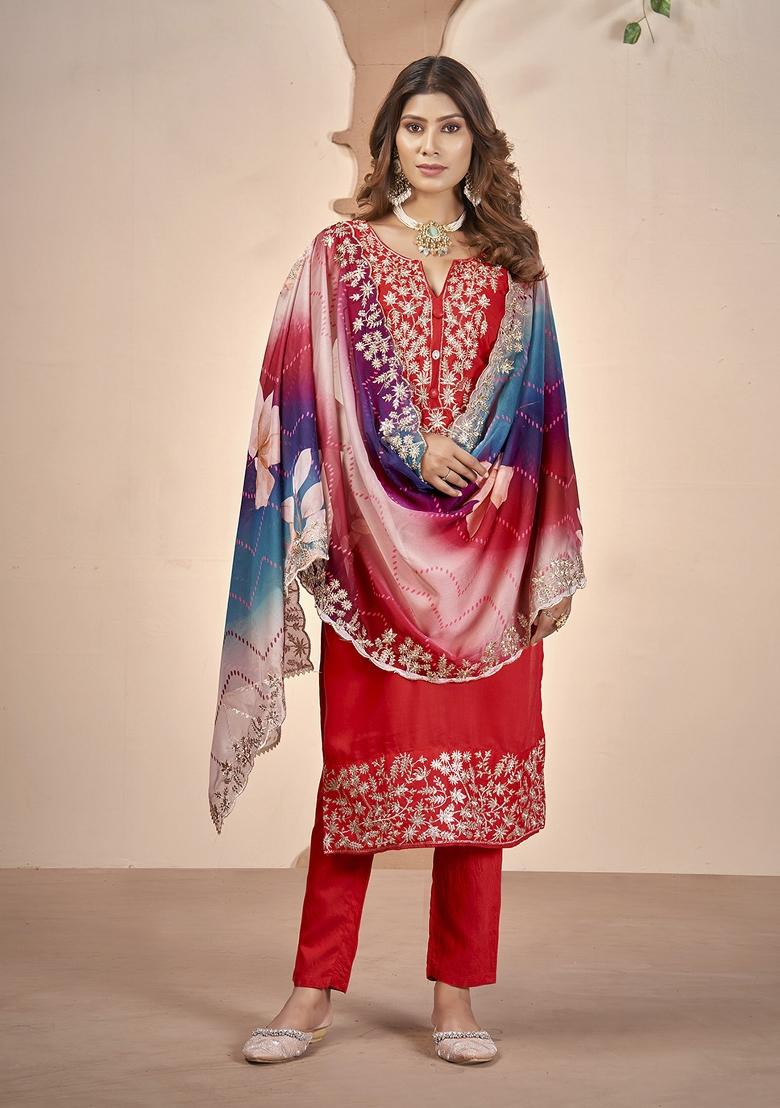 Red Embroidererd Muslin Salwar Kameez With Dupatta