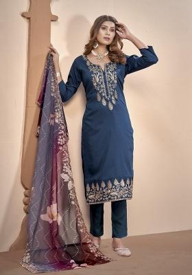 Blue Embroidererd Muslin Salwar Kameez With Dupatta