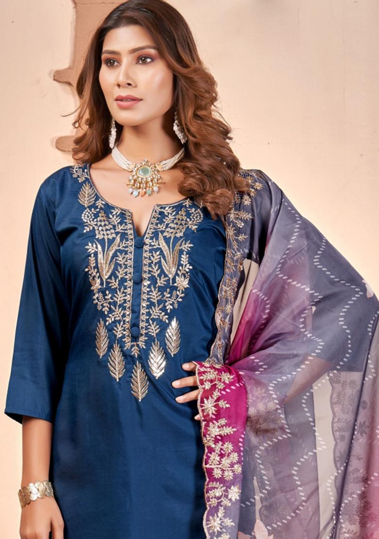 Blue Embroidererd Muslin Salwar Kameez With Dupatta