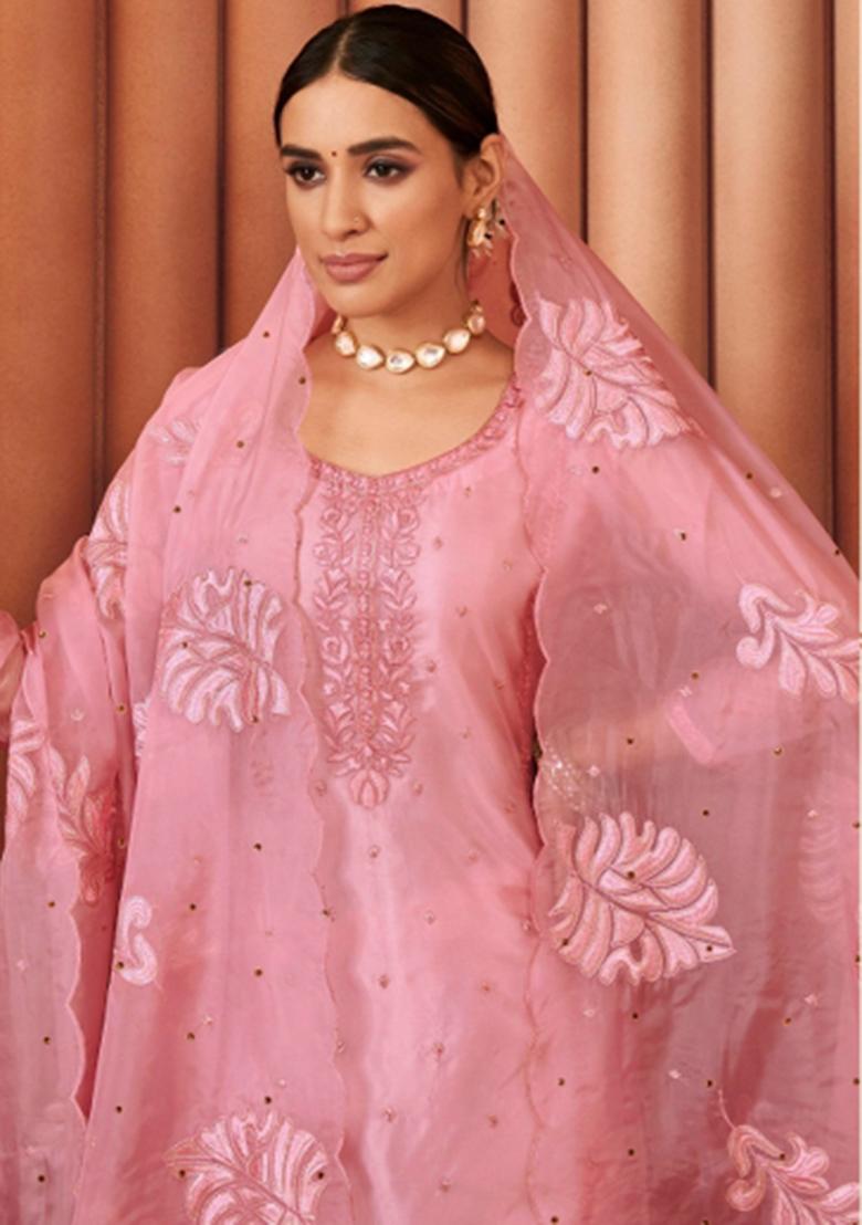 Pink Embroidererd Organza Salwar Kameez With Dupatta