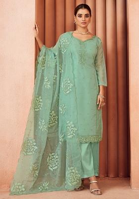 Sea Green Embroidererd Organza Salwar Kameez With Dupatta