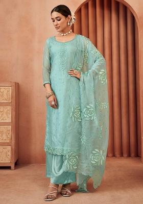 Sky Blue Embroidererd Organza Salwar Kameez With Dupatta