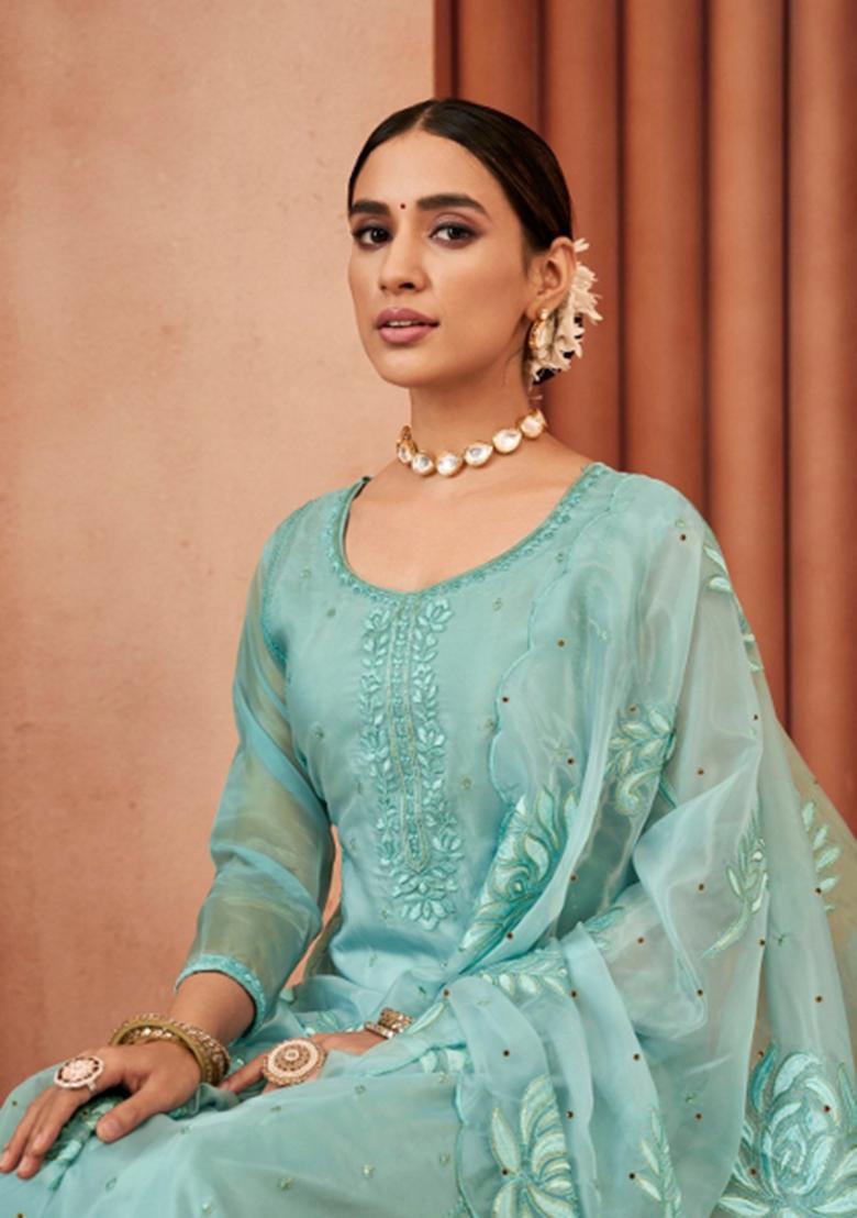 Sky Blue Embroidererd Organza Salwar Kameez With Dupatta