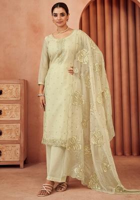 Beige Embroidererd Organza Salwar Kameez With Dupatta