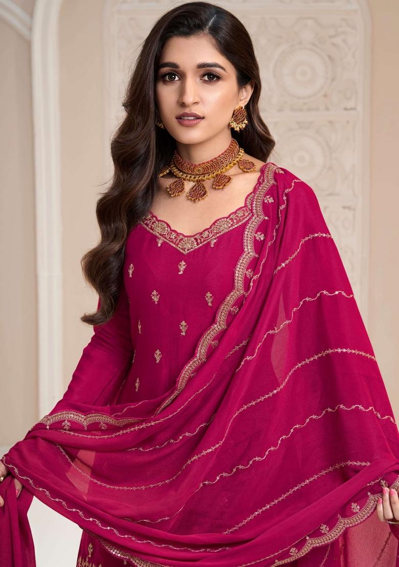 Pink Embroidererd Chinon Sharara Set With Dupatta