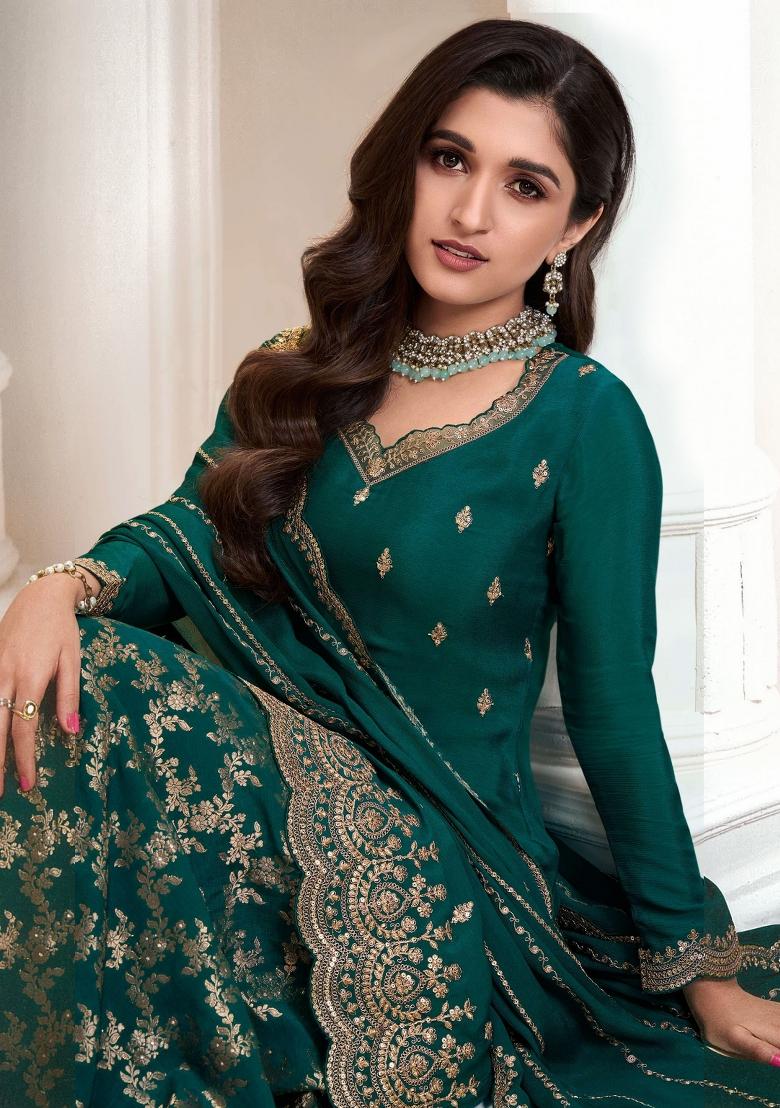 Green Embroidererd Chinon Sharara Set With Dupatta