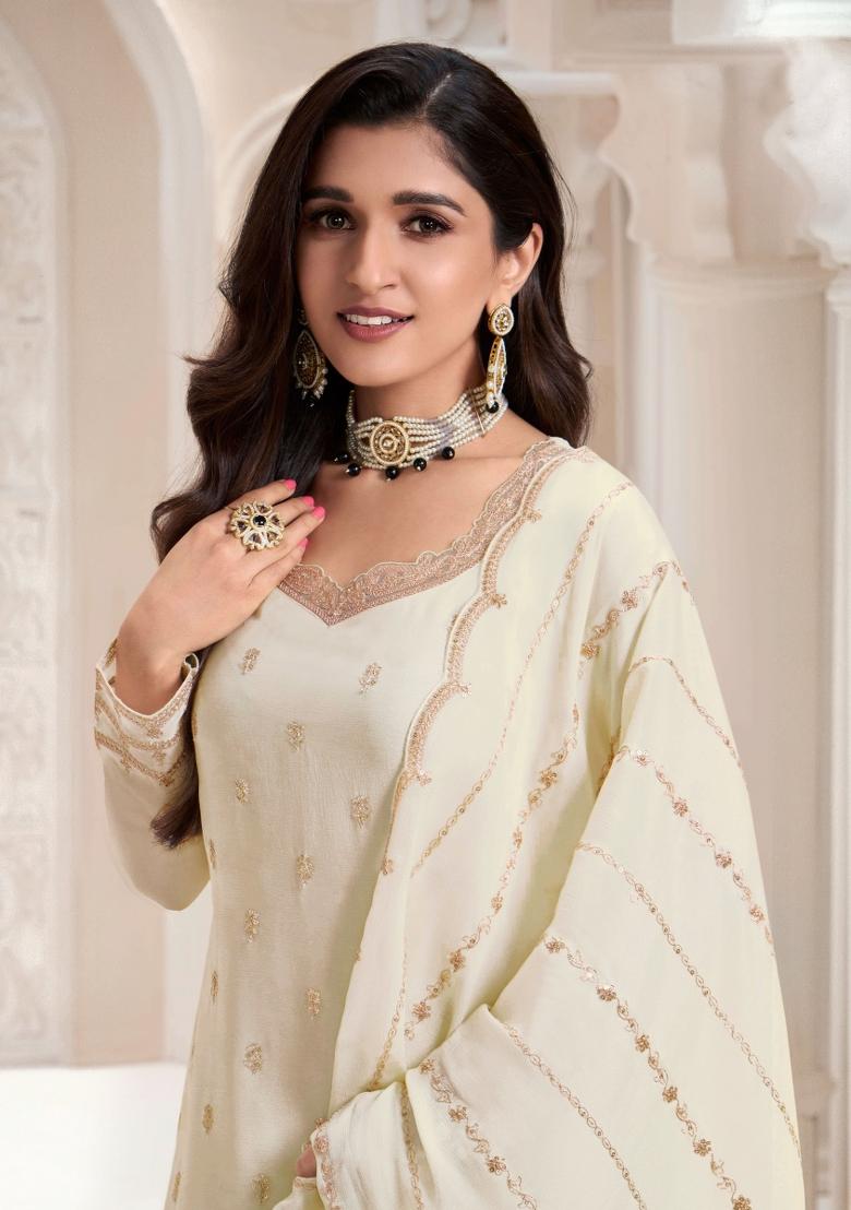 White Embroidererd Chinon Sharara Set With Dupatta