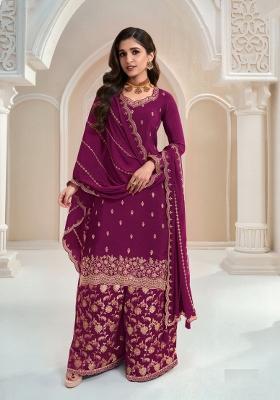 Wine Embroidererd Chinon Sharara Set With Dupatta