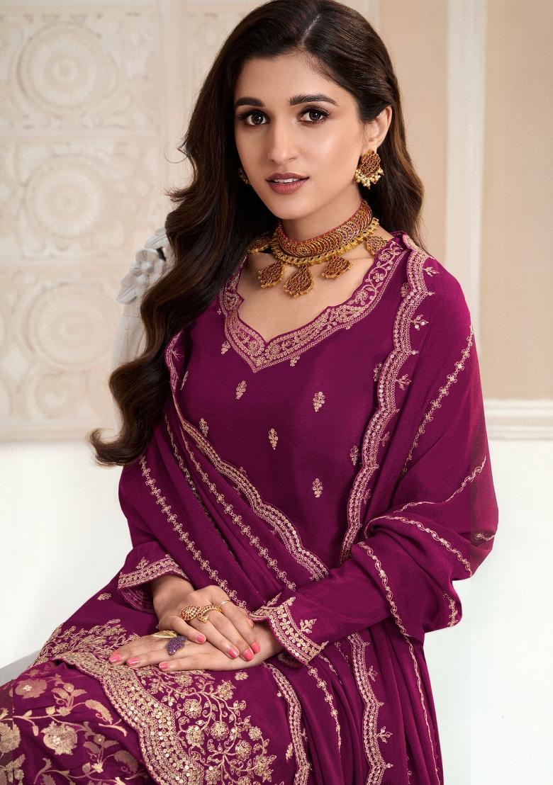 Wine Embroidererd Chinon Sharara Set With Dupatta