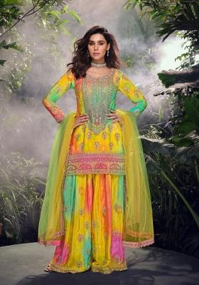 Yellow Embroidererd Chinon Palazzo Set With Dupatta