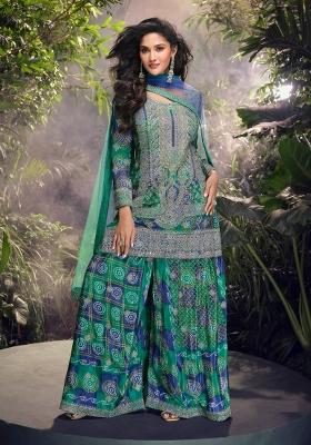 Green Embroidererd Chinon Palazzo Set With Dupatta