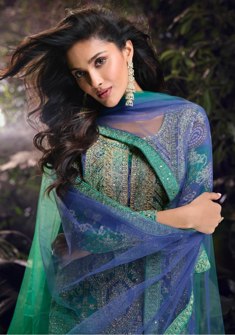 Green Embroidererd Chinon Palazzo Set With Dupatta